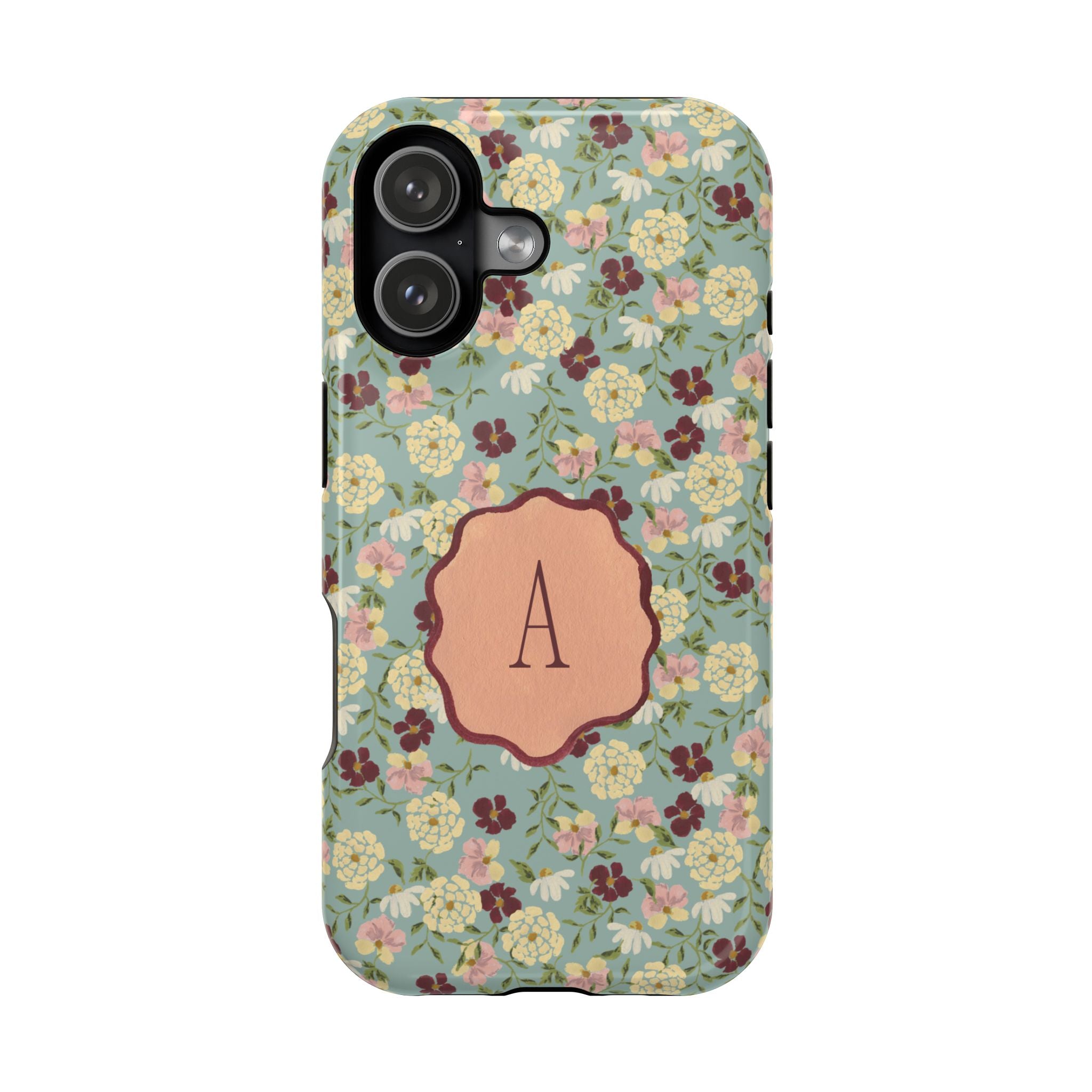 Posy personalized iPhone case featuring a floral design with a monogrammed letter on a light blue background.