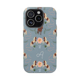 Prairie personalized iPhone case featuring a blue background with horse and floral patterns, and a monogrammed letter "A".