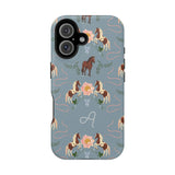 Prairie personalized iPhone case featuring a blue background with horse and floral patterns, and an initial "A" design.