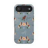 Prairie personalized iPhone case featuring a blue background with floral and horse patterns, including an initial "A".