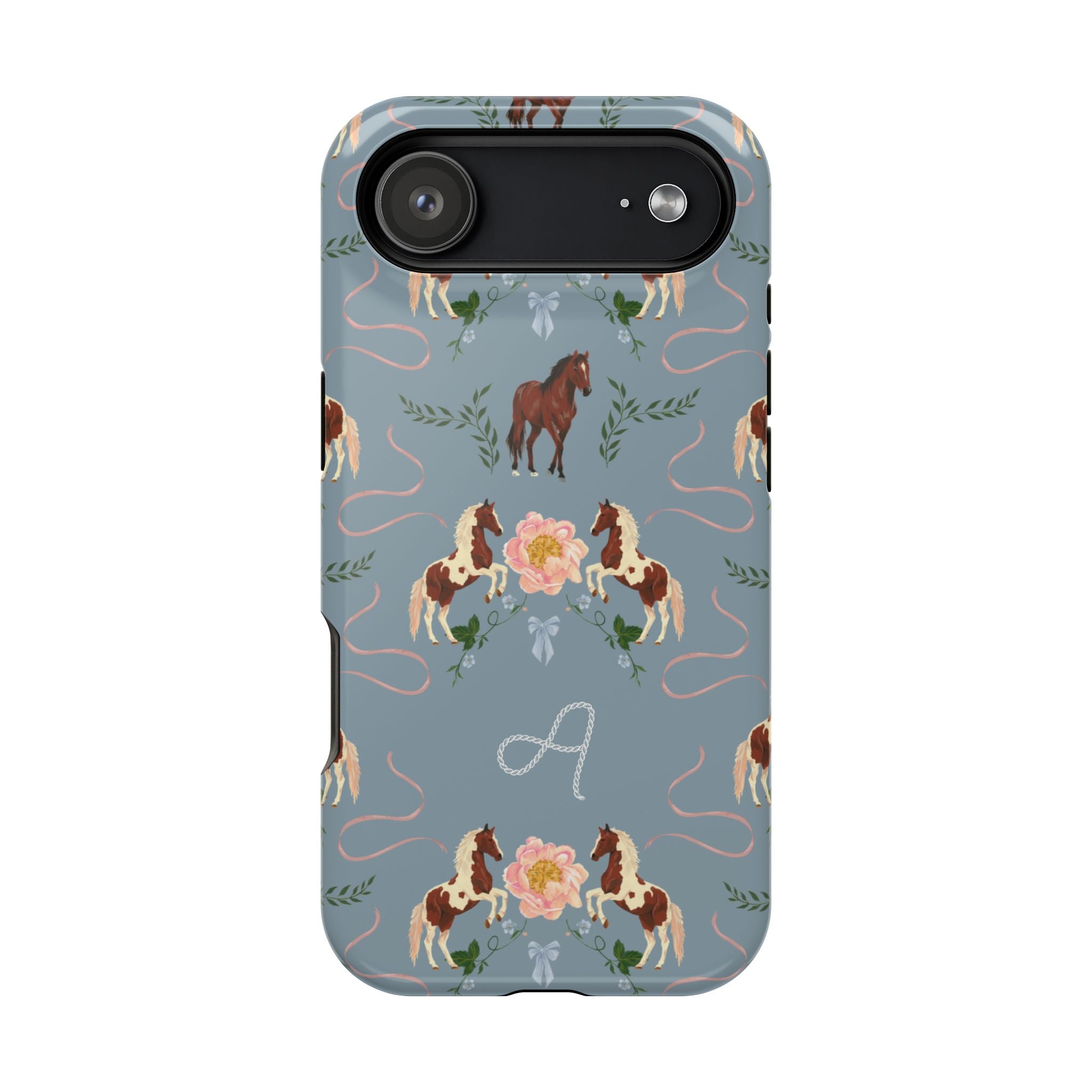 Prairie personalized iPhone case featuring a blue background with floral and horse patterns, including an initial "A".