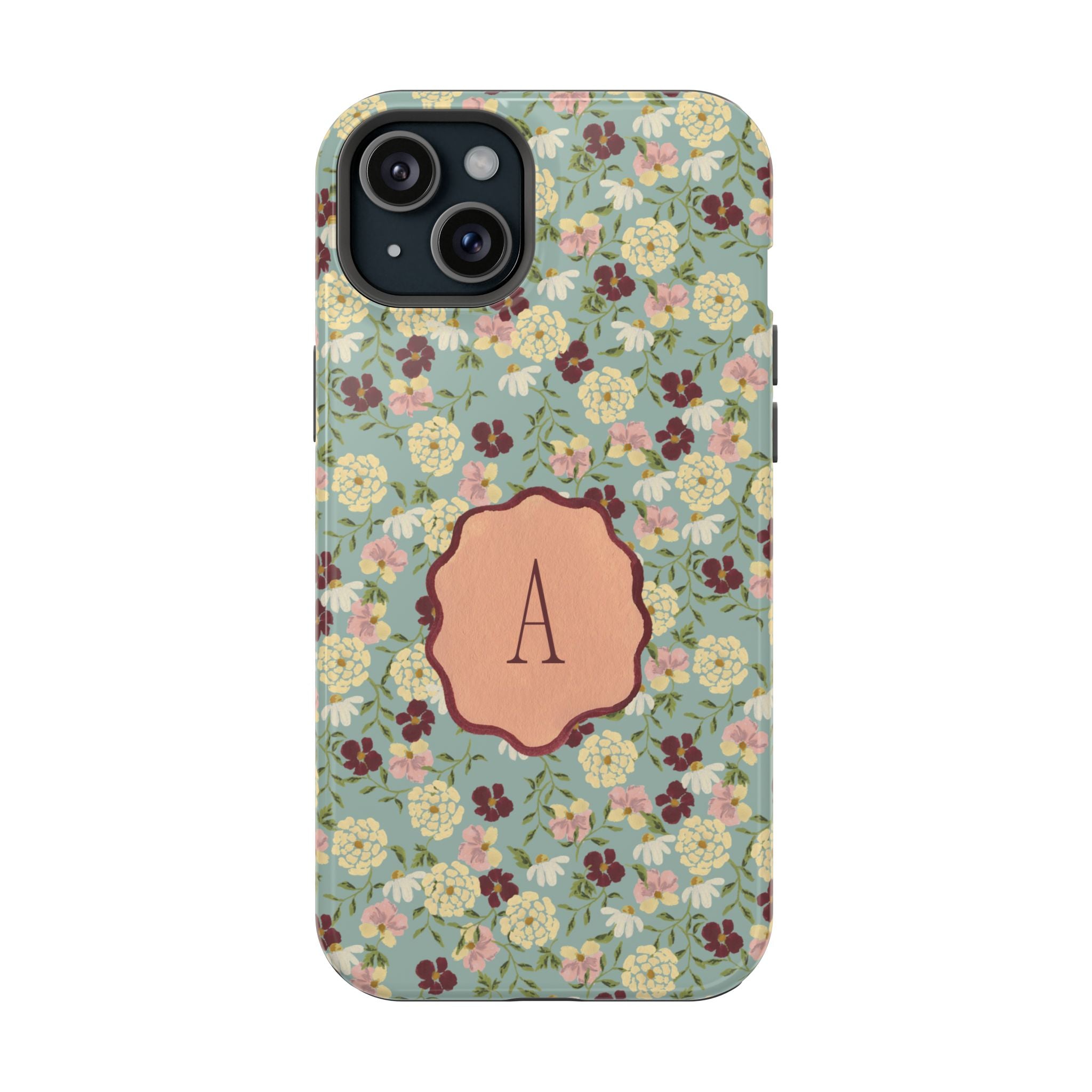 Personalized Posy iPhone case featuring a floral pattern in green, with a monogrammed letter "A" on a wooden label.