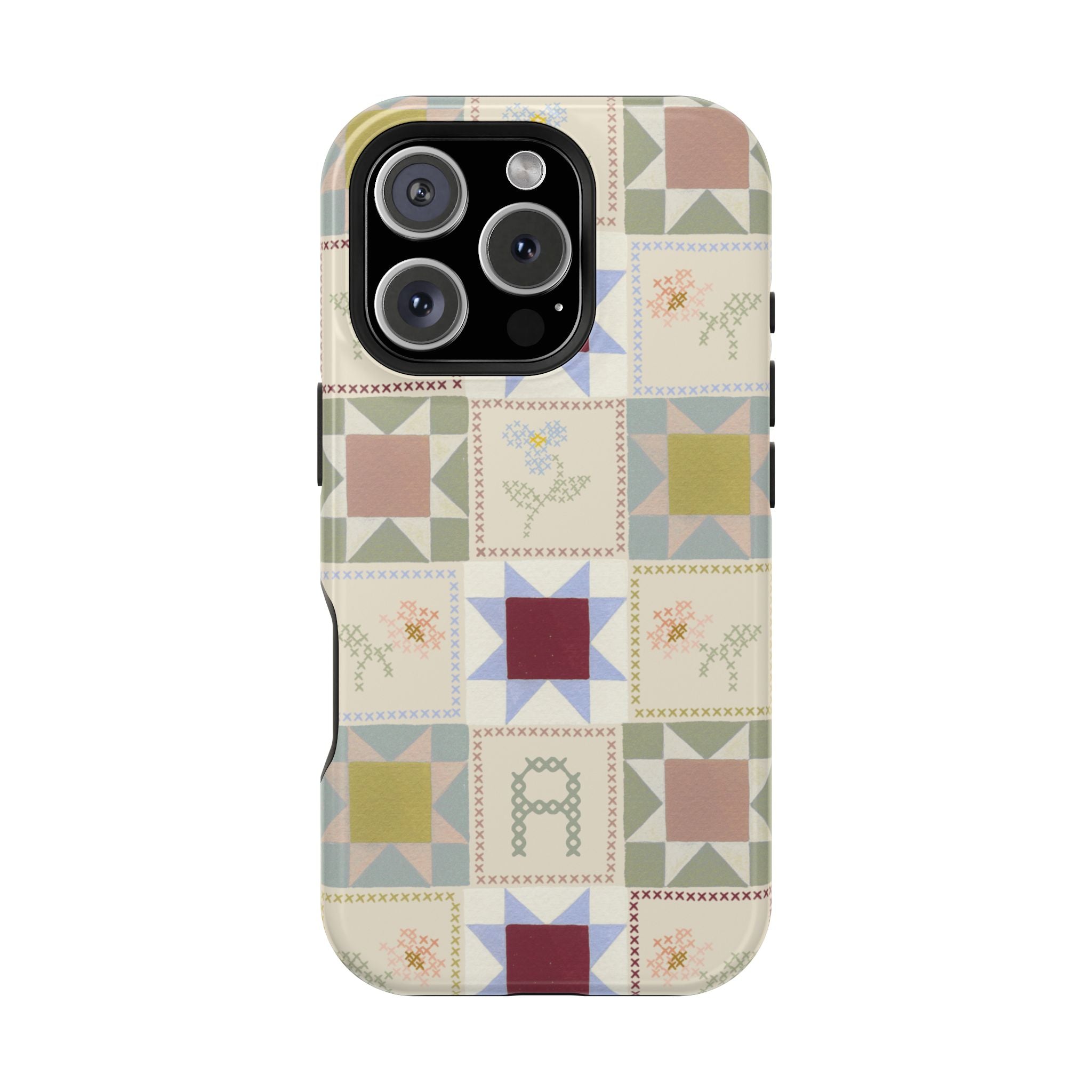 Patchwork personalized iPhone case featuring a colorful quilt design with various geometric patterns.