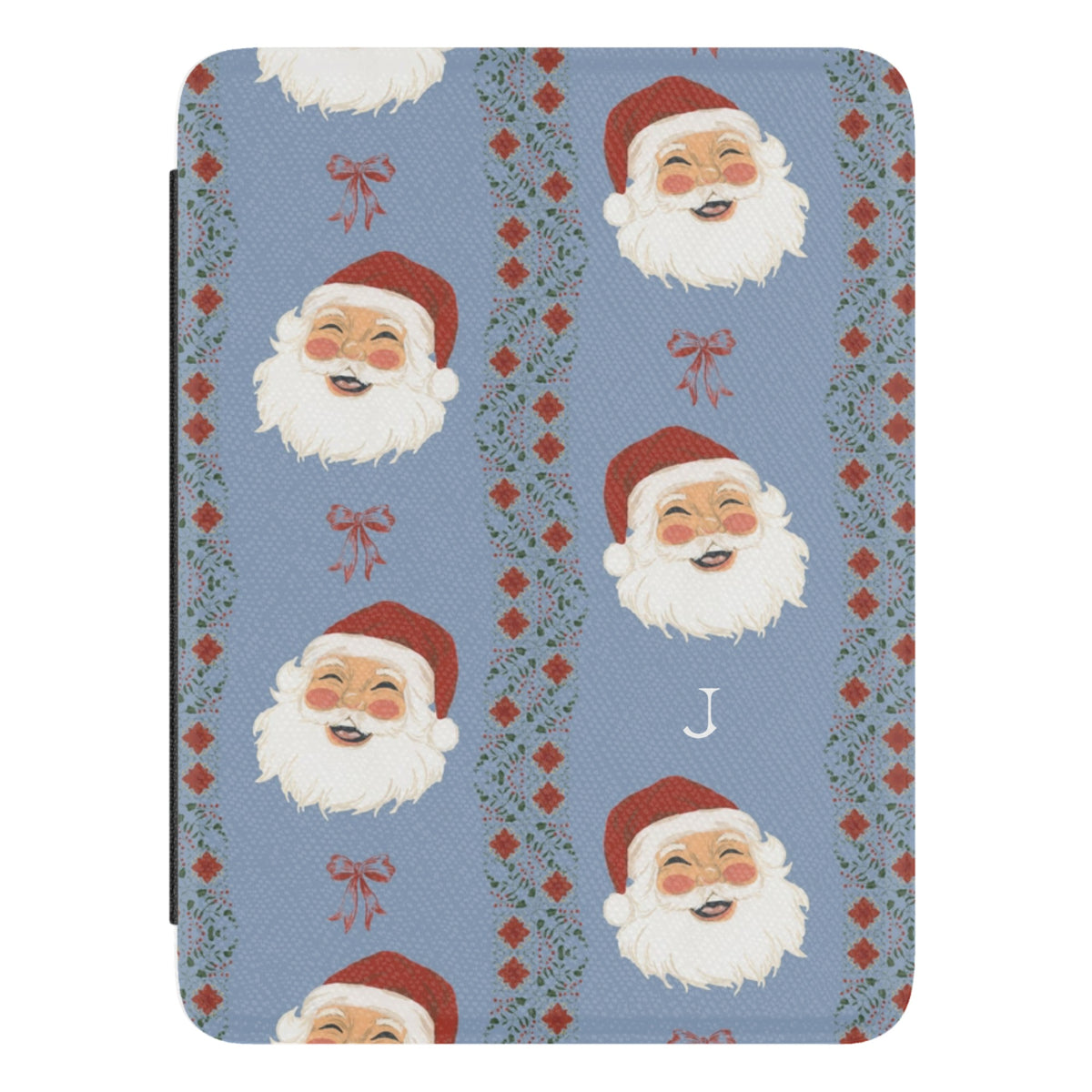 Jolly Personalized Kindle case, close-up of the front: smiling Santa faces between red and green stripes on dusty blue with the initial J