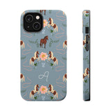 Prairie personalized iPhone case featuring a floral and horse pattern on a blue background.