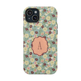 Posy personalized iPhone case featuring a floral pattern with a monogrammed letter "A" on a light blue background.