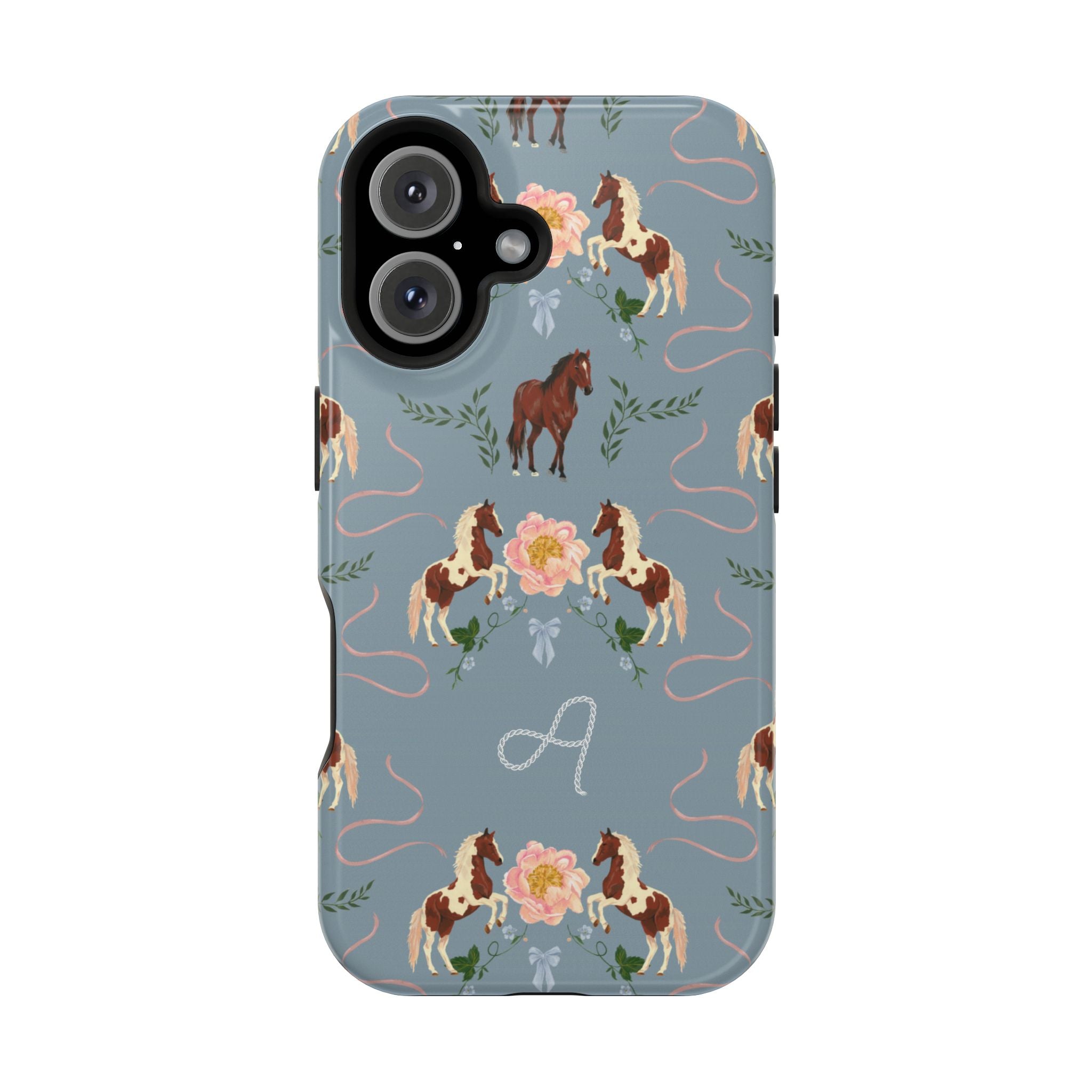 Prairie personalized iPhone case featuring a blue background with horse and floral patterns, and a monogrammed letter 'A'.
