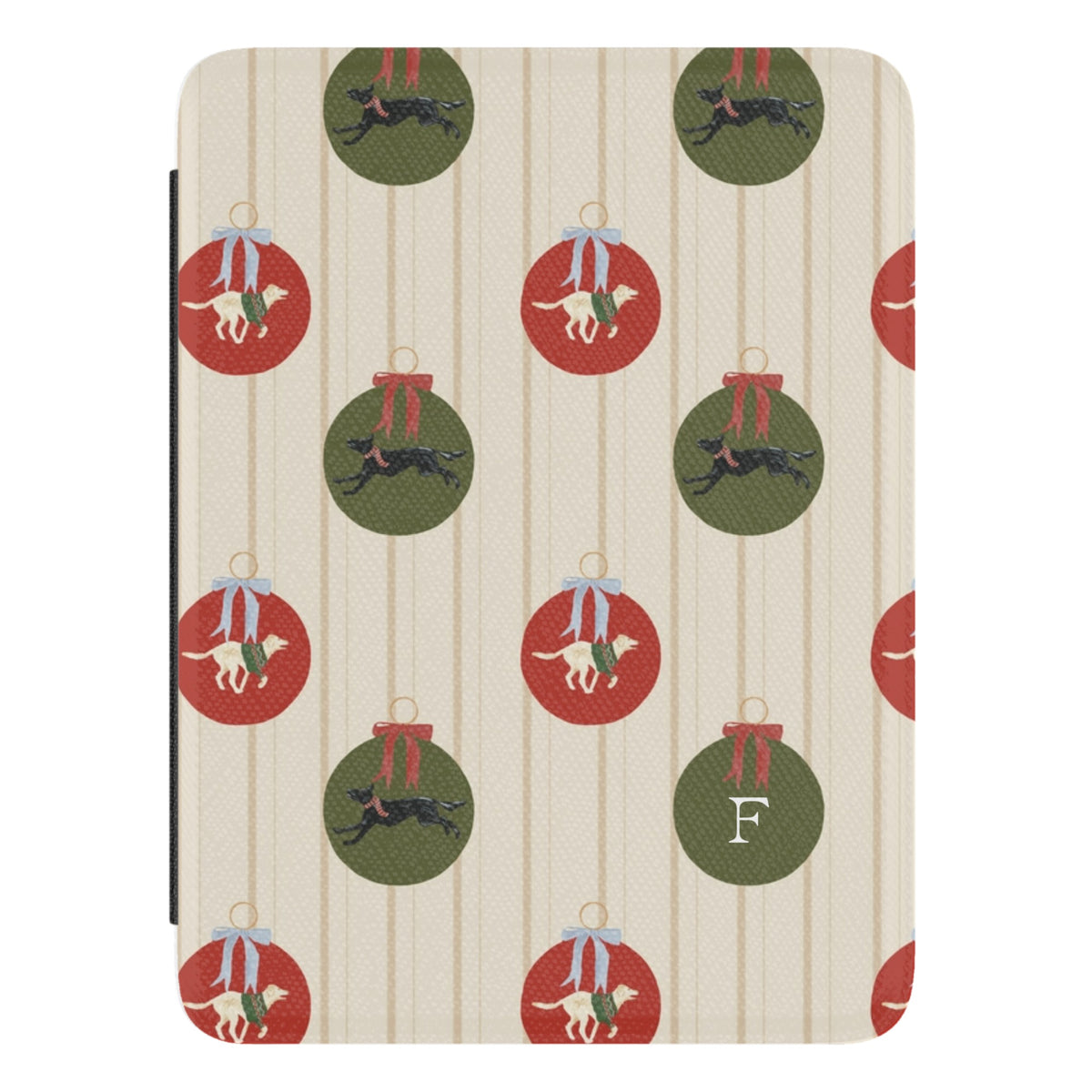 Festive Dogs Personalized Kindle case, close-up of the front: red and green ornaments with leaping dogs on cream pinstripes with the initial F