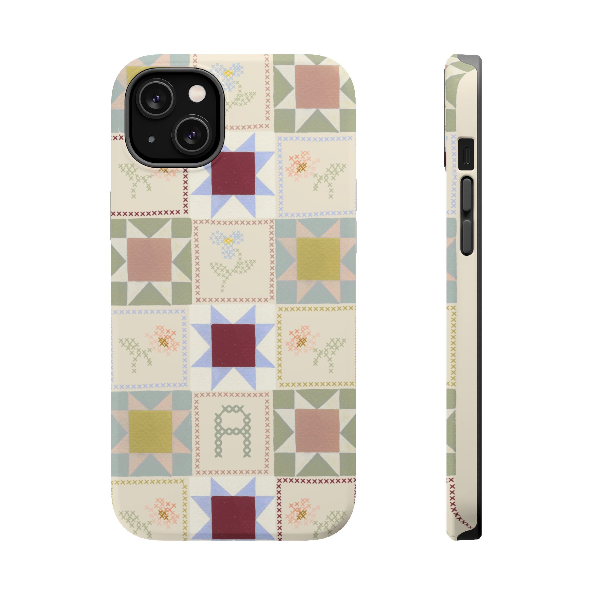 Patchwork personalized iPhone case featuring a colorful quilt design with various geometric patterns and floral accents.