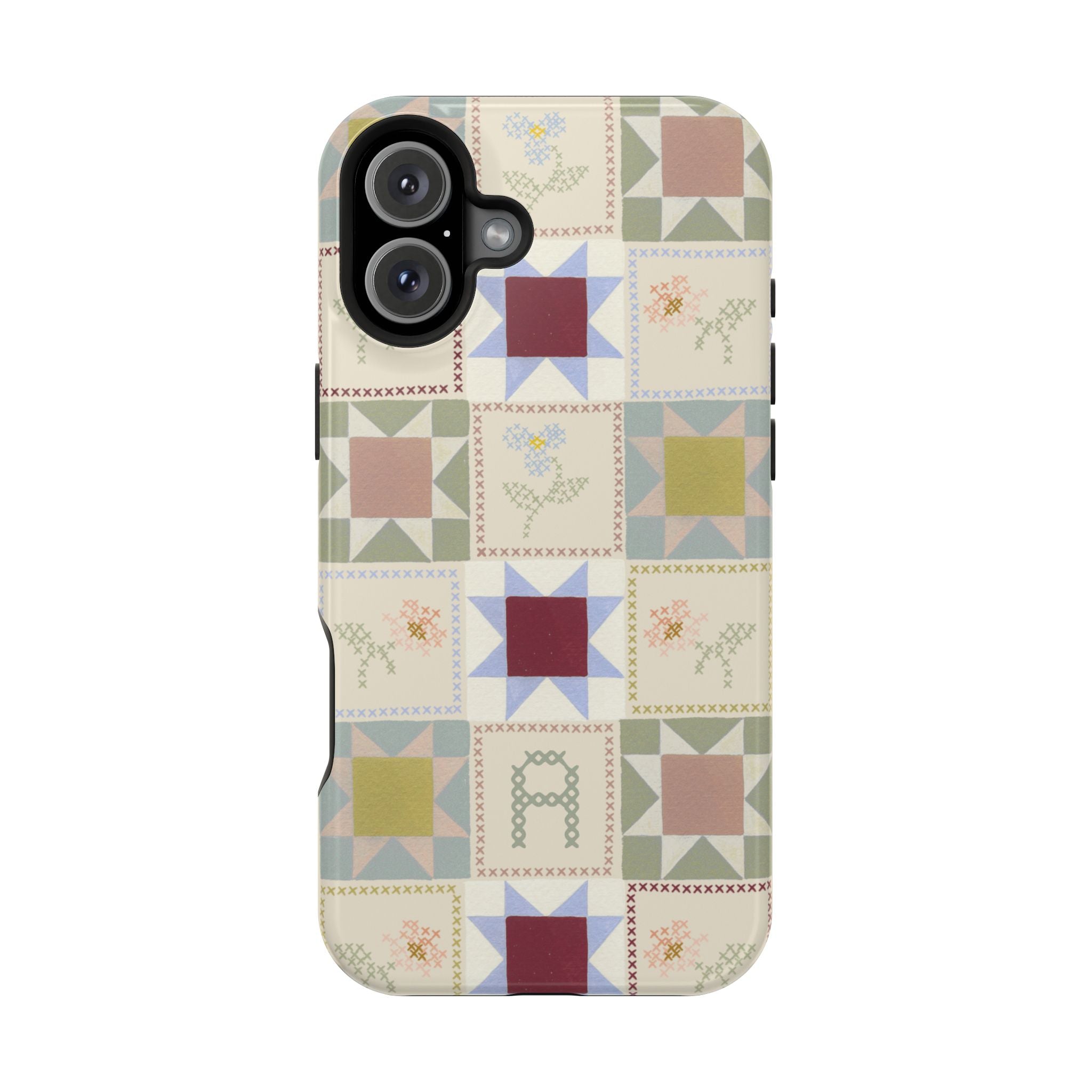 Patchwork personalized iPhone case featuring a colorful quilt design with various geometric patterns and floral accents.