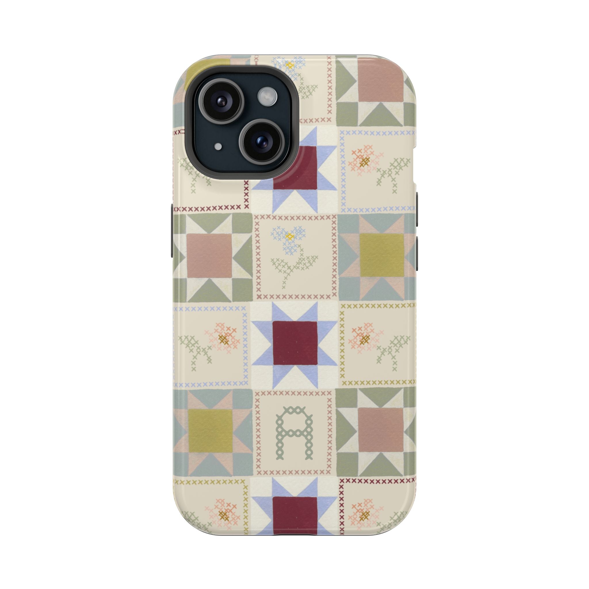 Patchwork personalized iPhone case featuring various geometric patterns in muted colors on a light background.