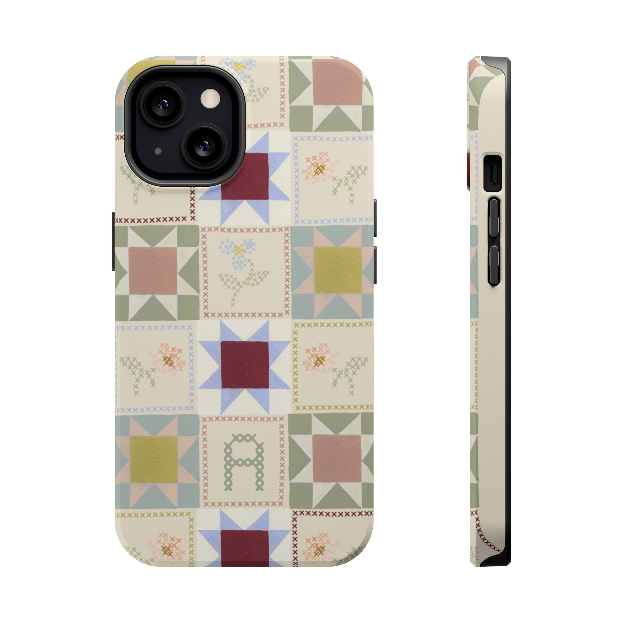 Patchwork personalized iPhone case featuring colorful quilt-like patterns in various shapes and designs.