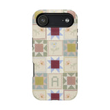 Patchwork personalized iPhone case featuring a colorful geometric design with various patterns and colors.