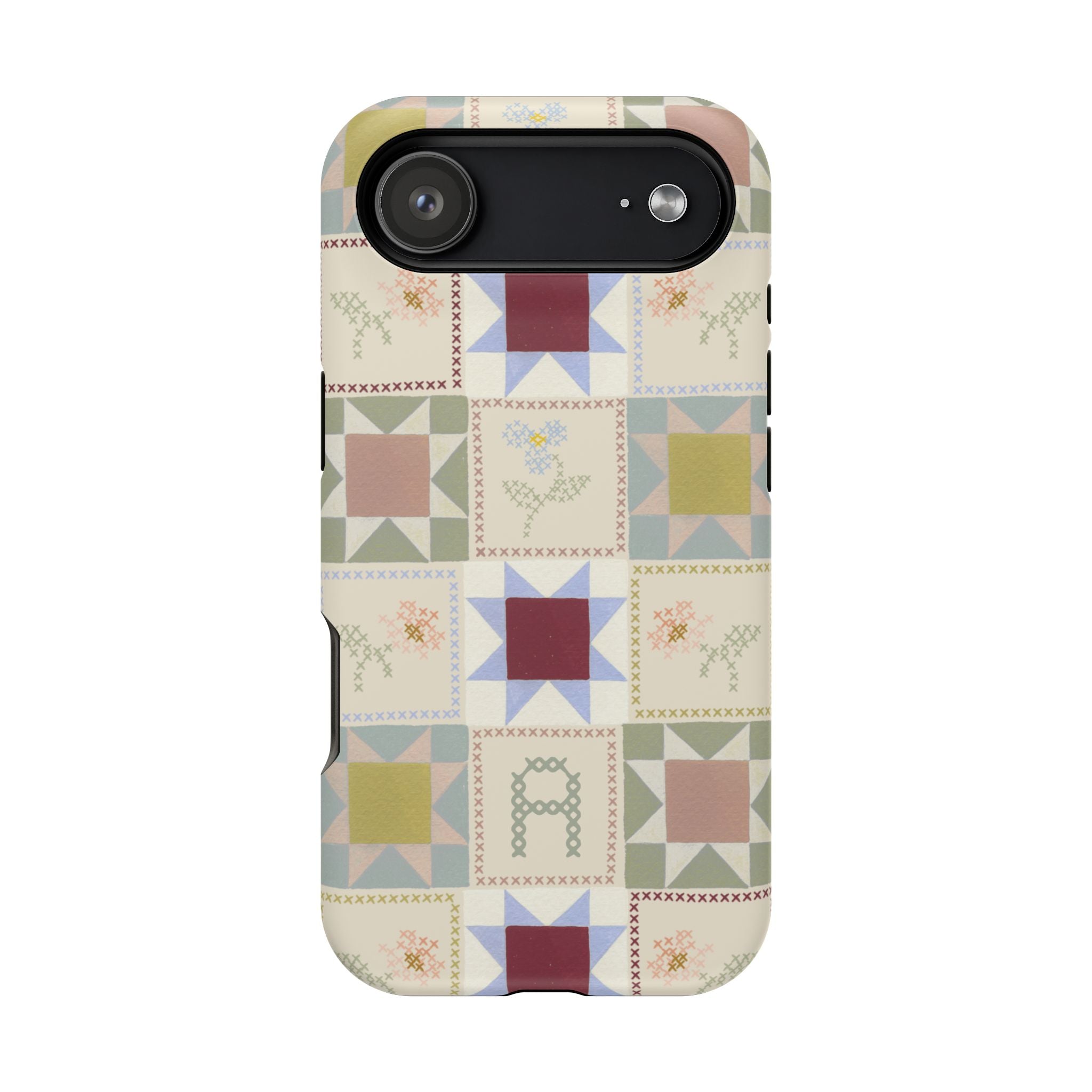 Patchwork personalized iPhone case featuring a colorful geometric design with various patterns and colors.
