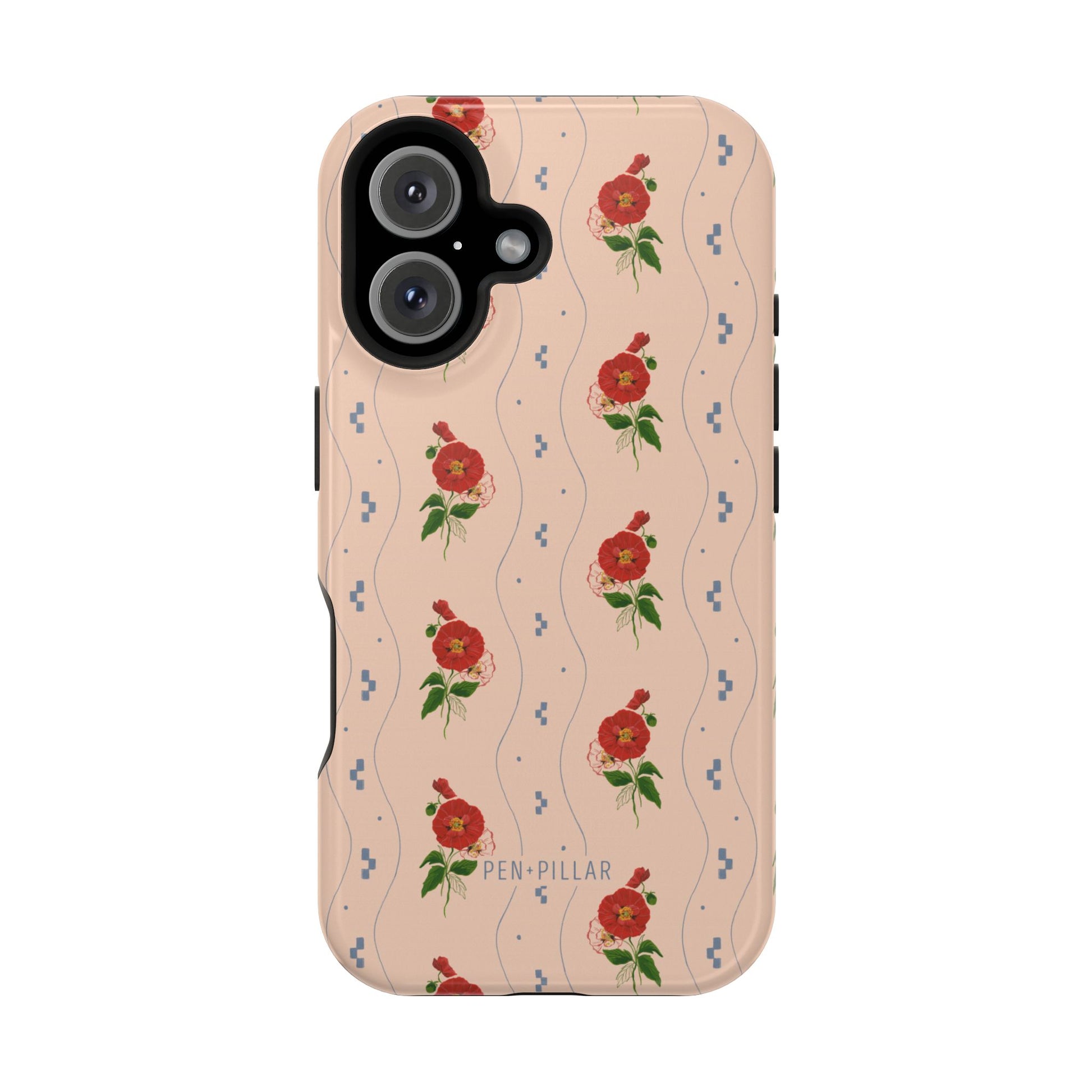 Peach plastic iPhone case with red floral patterns, blue wavy lines, and Pen + Pillar printed at the bottom.