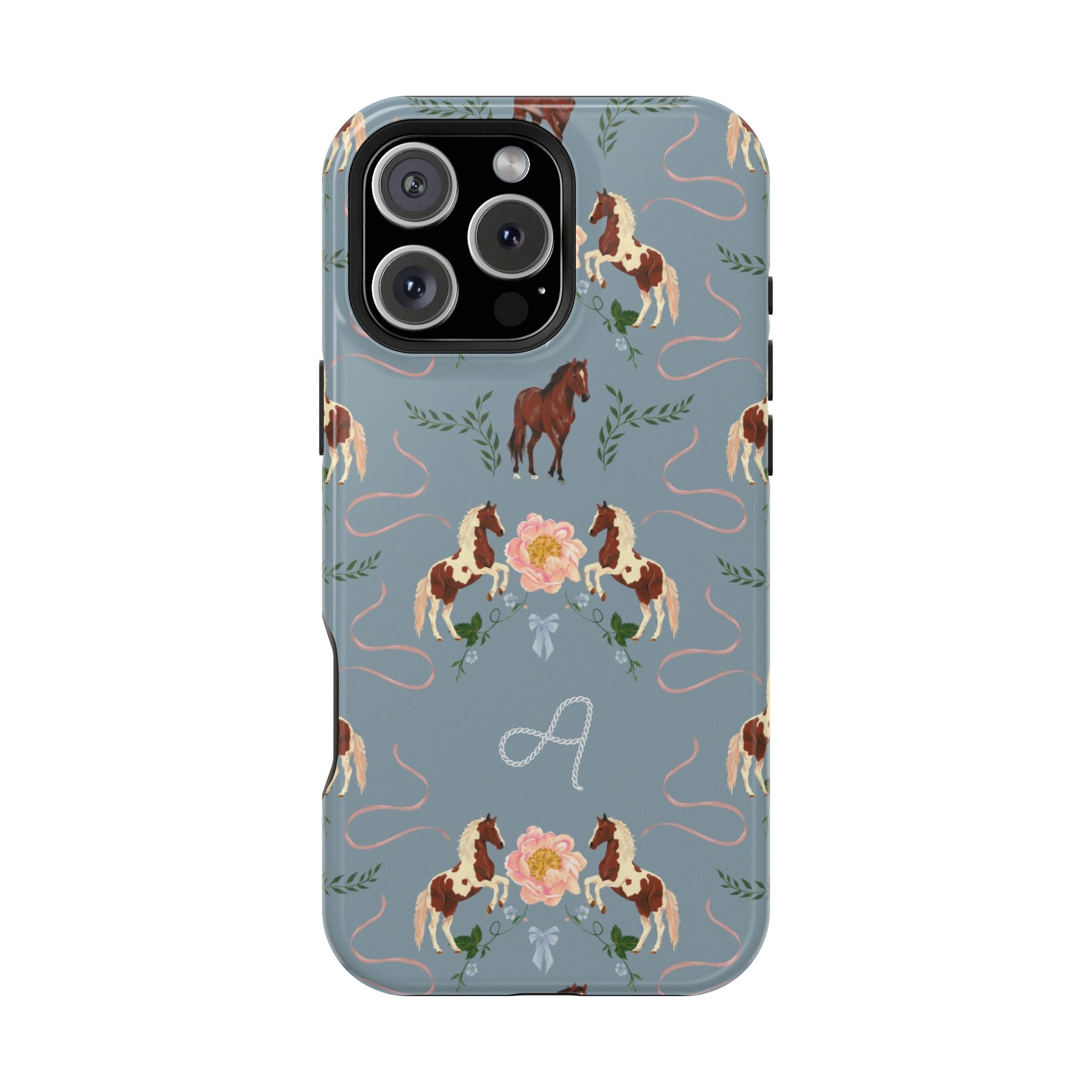 Prairie personalized iPhone case featuring a floral and horse pattern on a blue background with a monogrammed letter A.