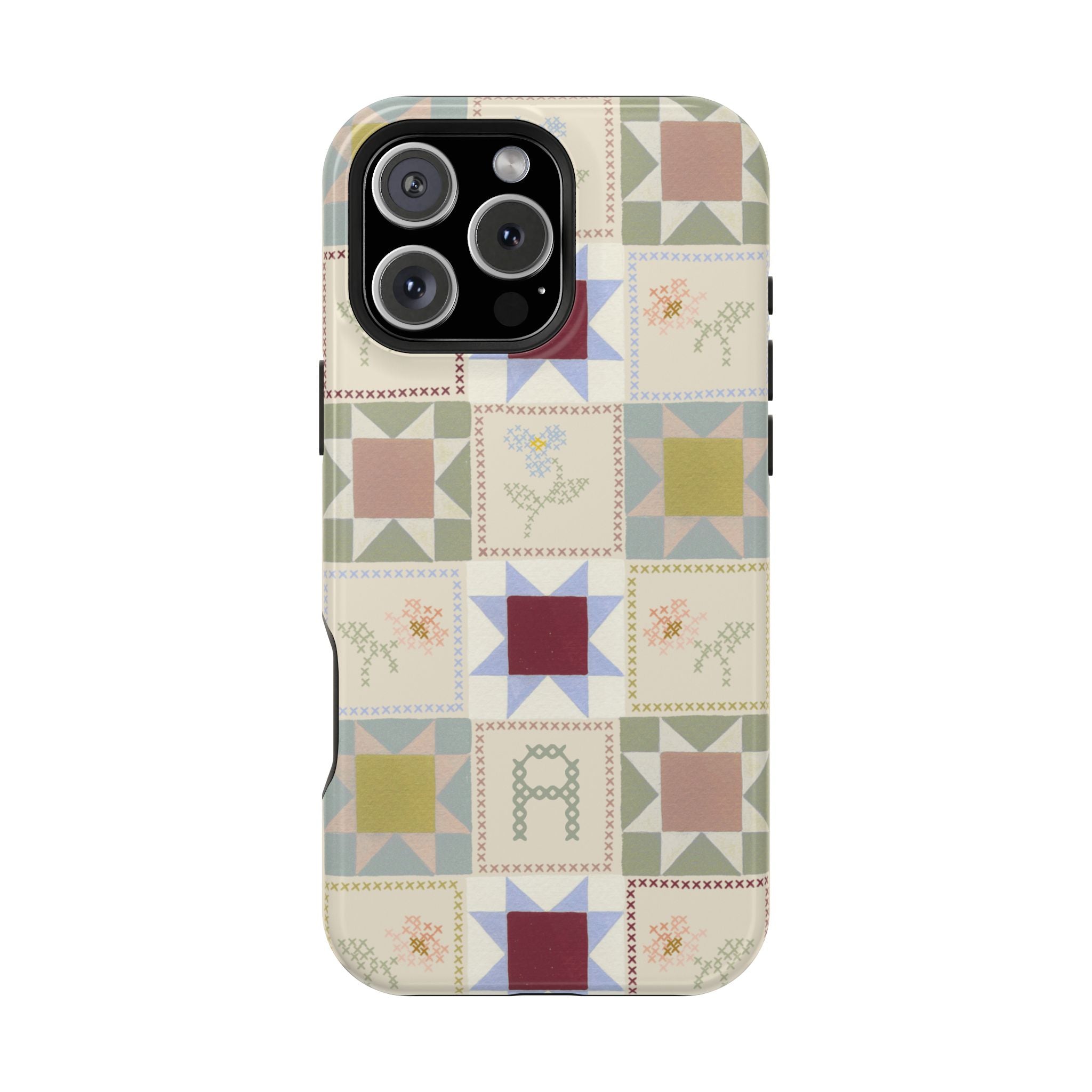 Patchwork personalized iPhone case featuring a colorful quilt design with various geometric patterns.