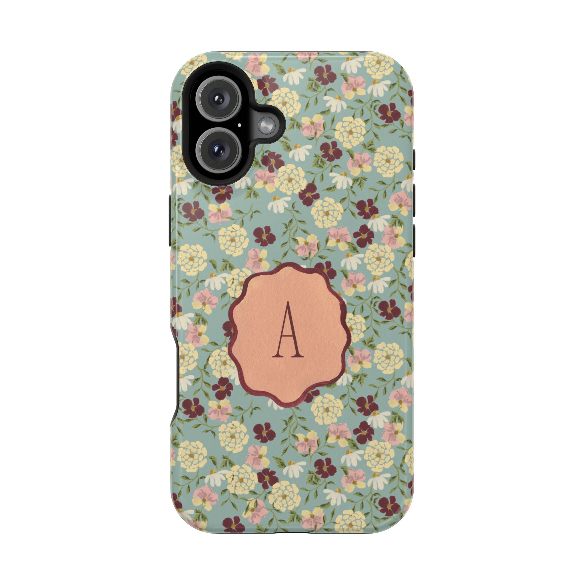 Personalized Posy iPhone case featuring a floral design with a central monogrammed letter "A" on a light green background.