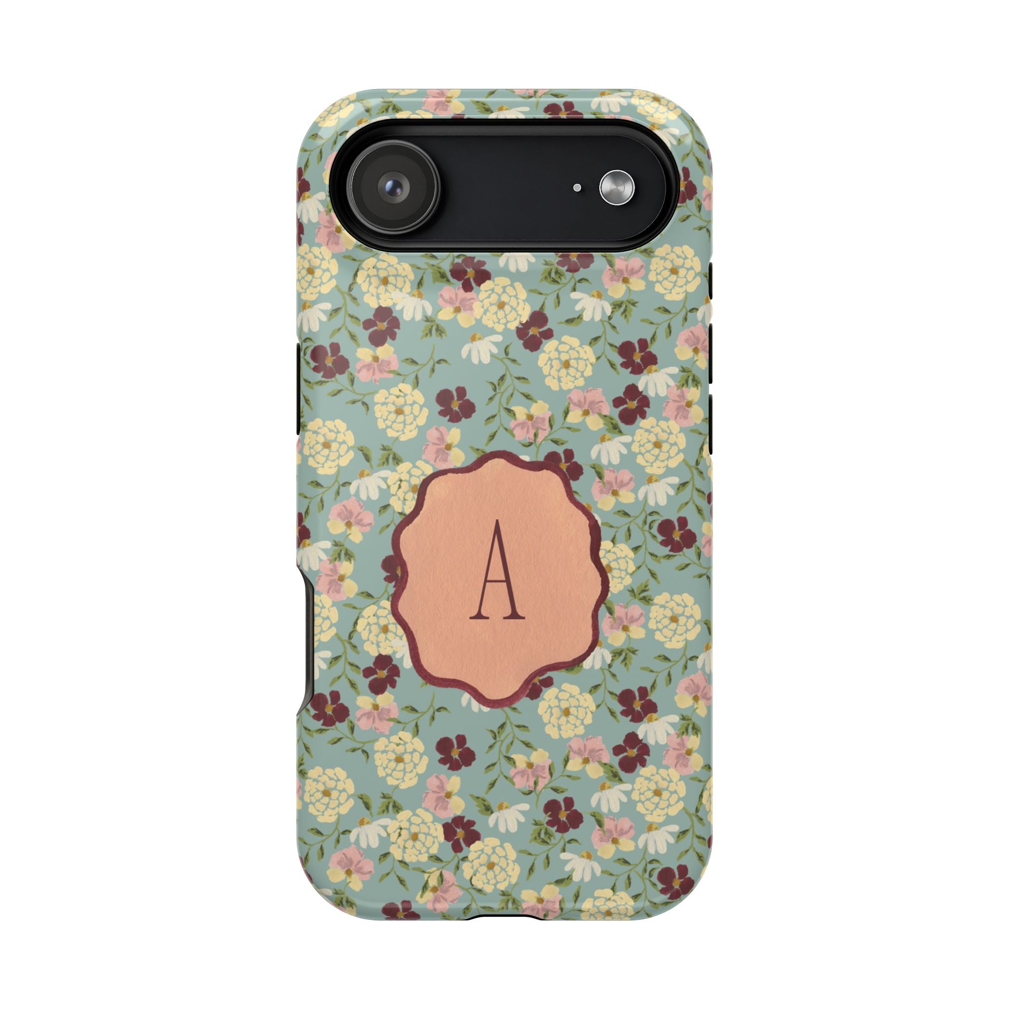 Posy personalized iPhone case featuring a floral design with a central monogrammed letter "A" on a light blue background.