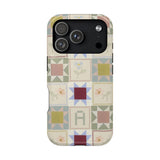 Patchwork personalized iPhone case featuring multicolored geometric patterns and a glossy finish.