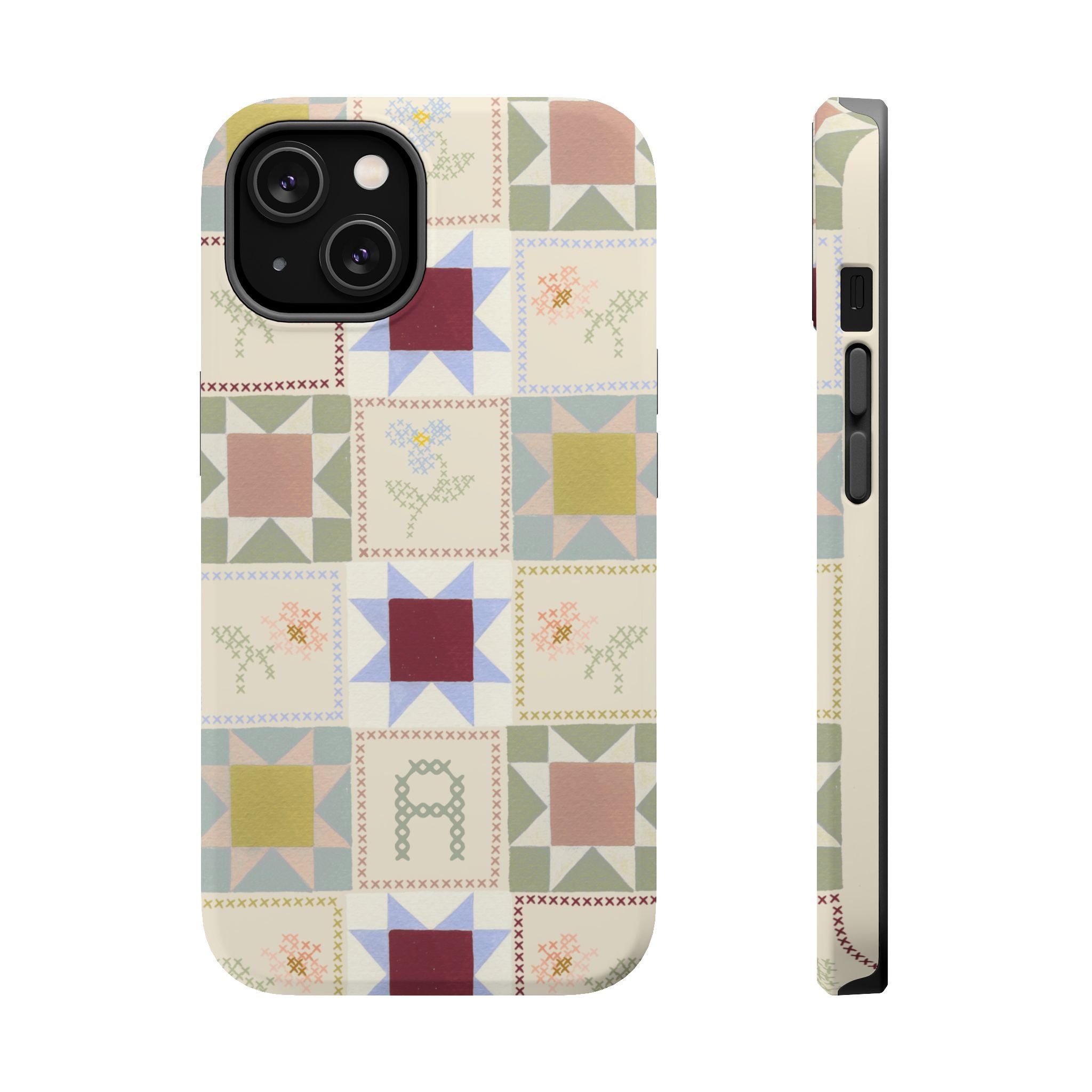 Patchwork personalized iPhone case featuring a colorful quilt design with various geometric patterns and floral accents.