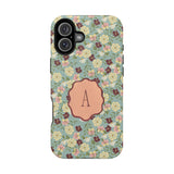 Personalized Posy iPhone case featuring a floral design with a monogrammed letter "A" on a green background.