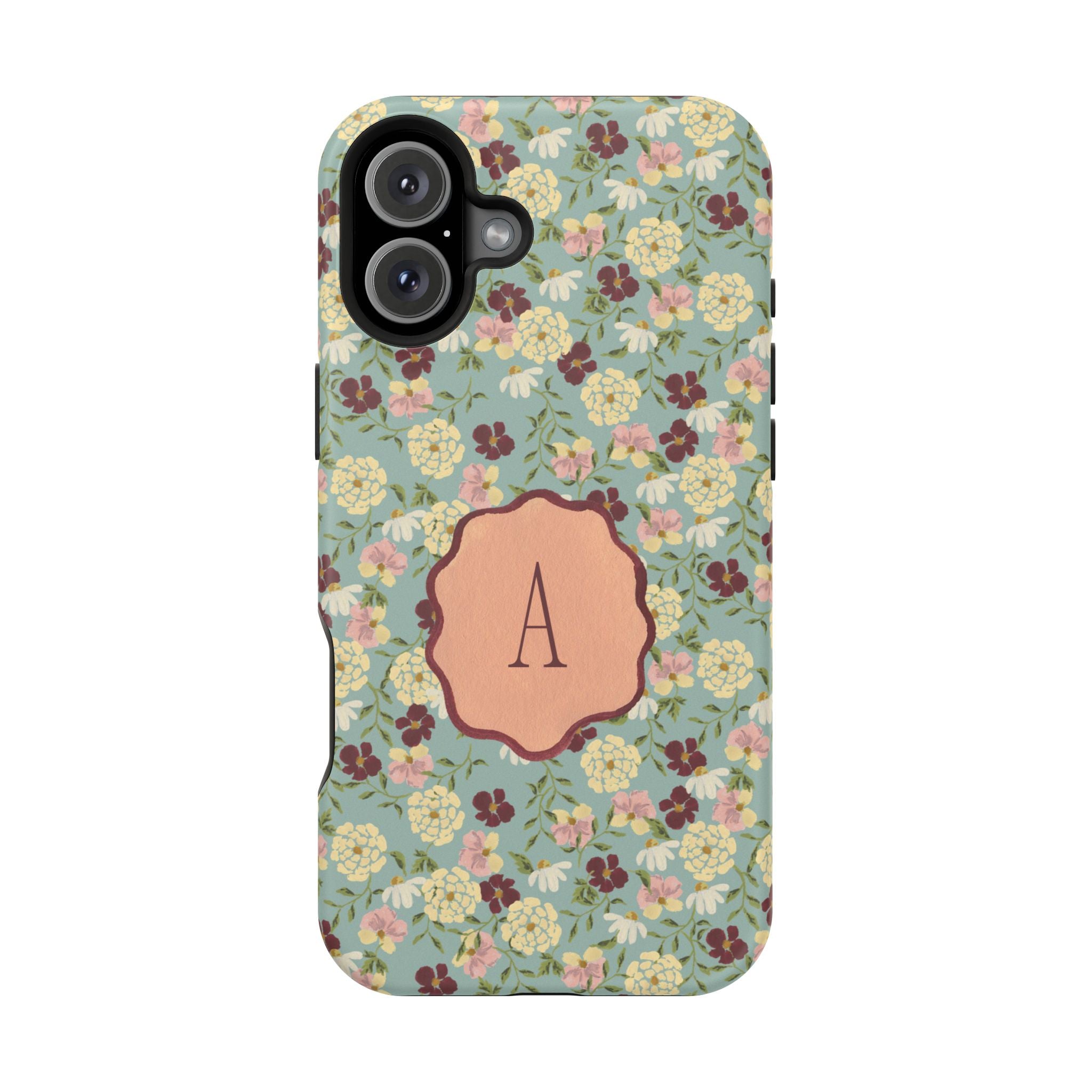 Personalized Posy iPhone case featuring a floral design with a monogrammed letter "A" on a green background.