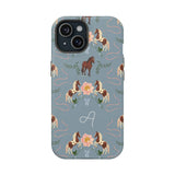 Prairie personalized iPhone case featuring a blue background with horse and floral patterns, and a monogrammed letter "A".