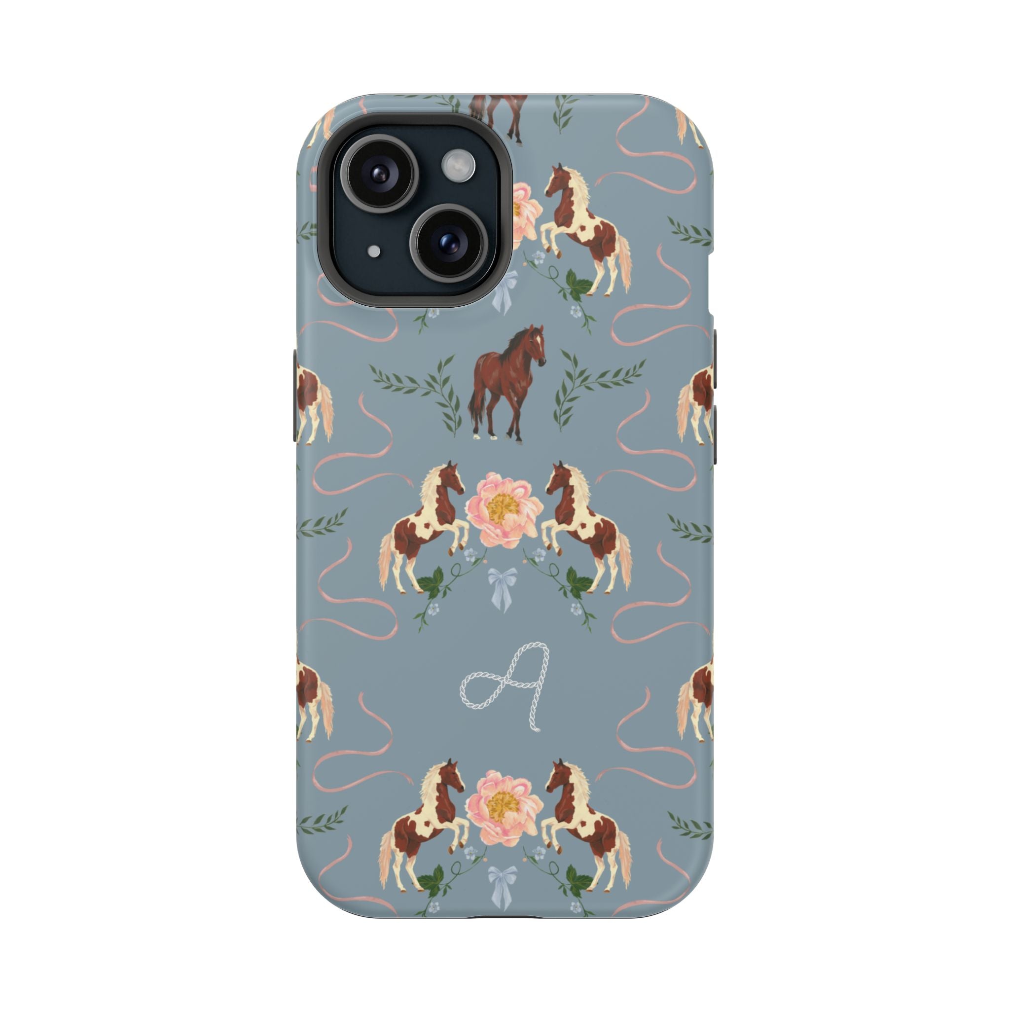 Prairie personalized iPhone case featuring a blue background with horse and floral patterns, and a monogrammed letter "A".