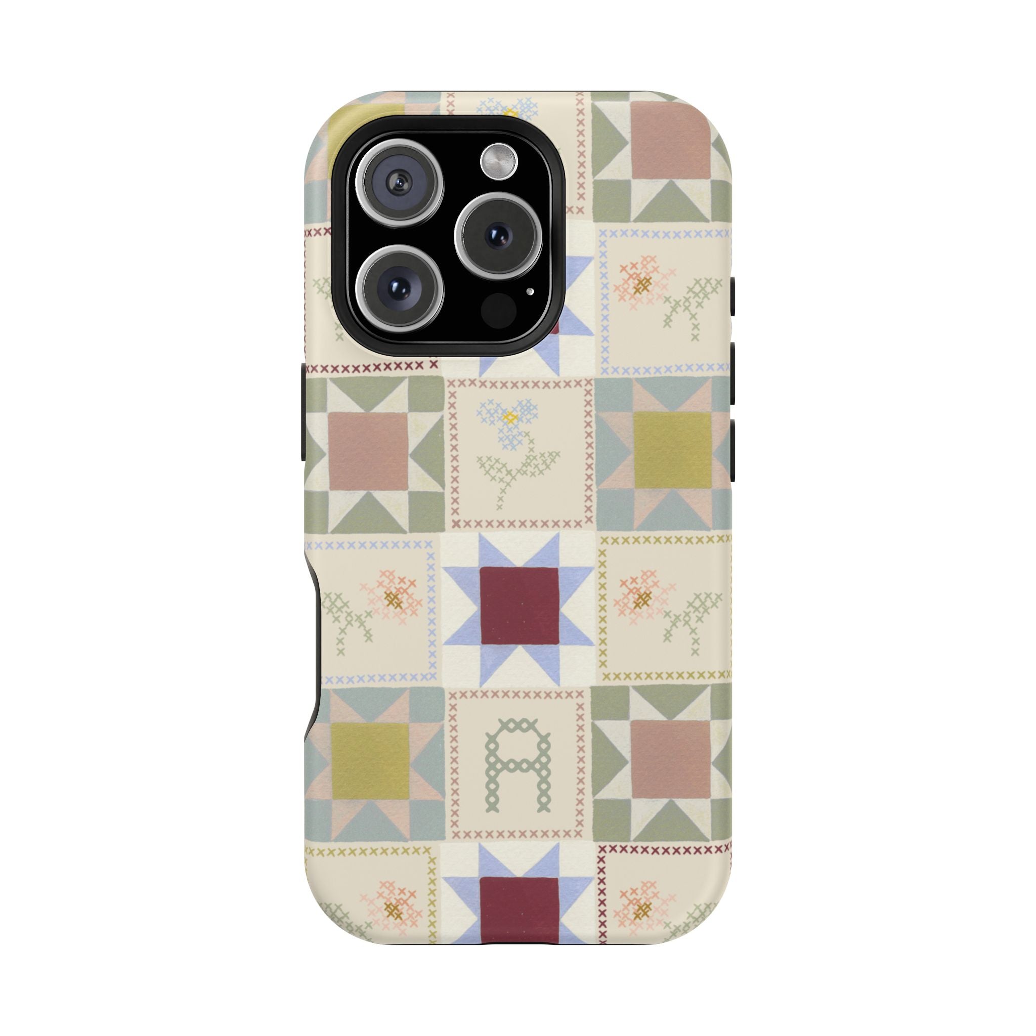 Patchwork personalized iPhone case featuring a colorful quilt design with various geometric patterns and soft colors.
