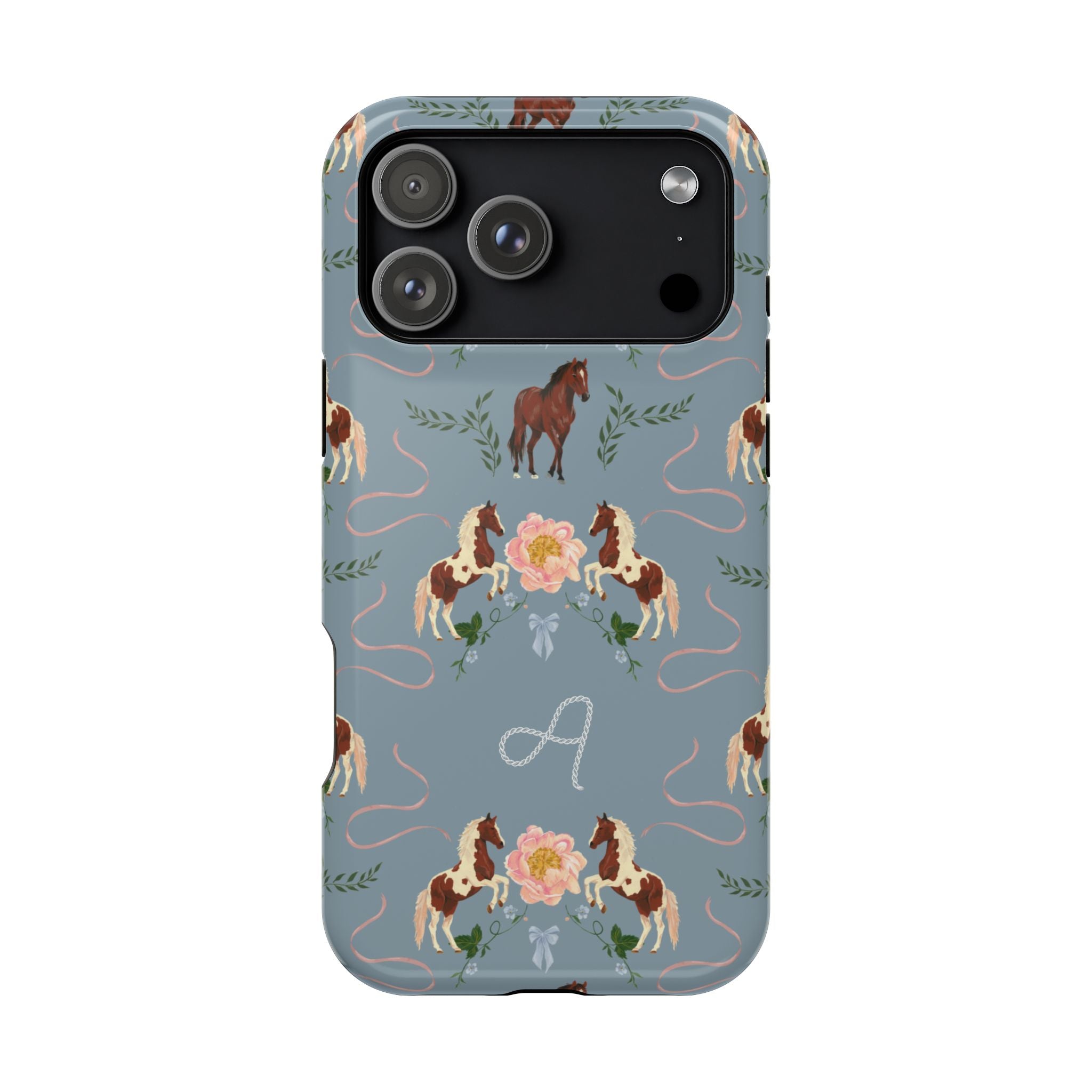 Prairie personalized iPhone case featuring a blue background with horse and floral patterns, and an initial "A" design.