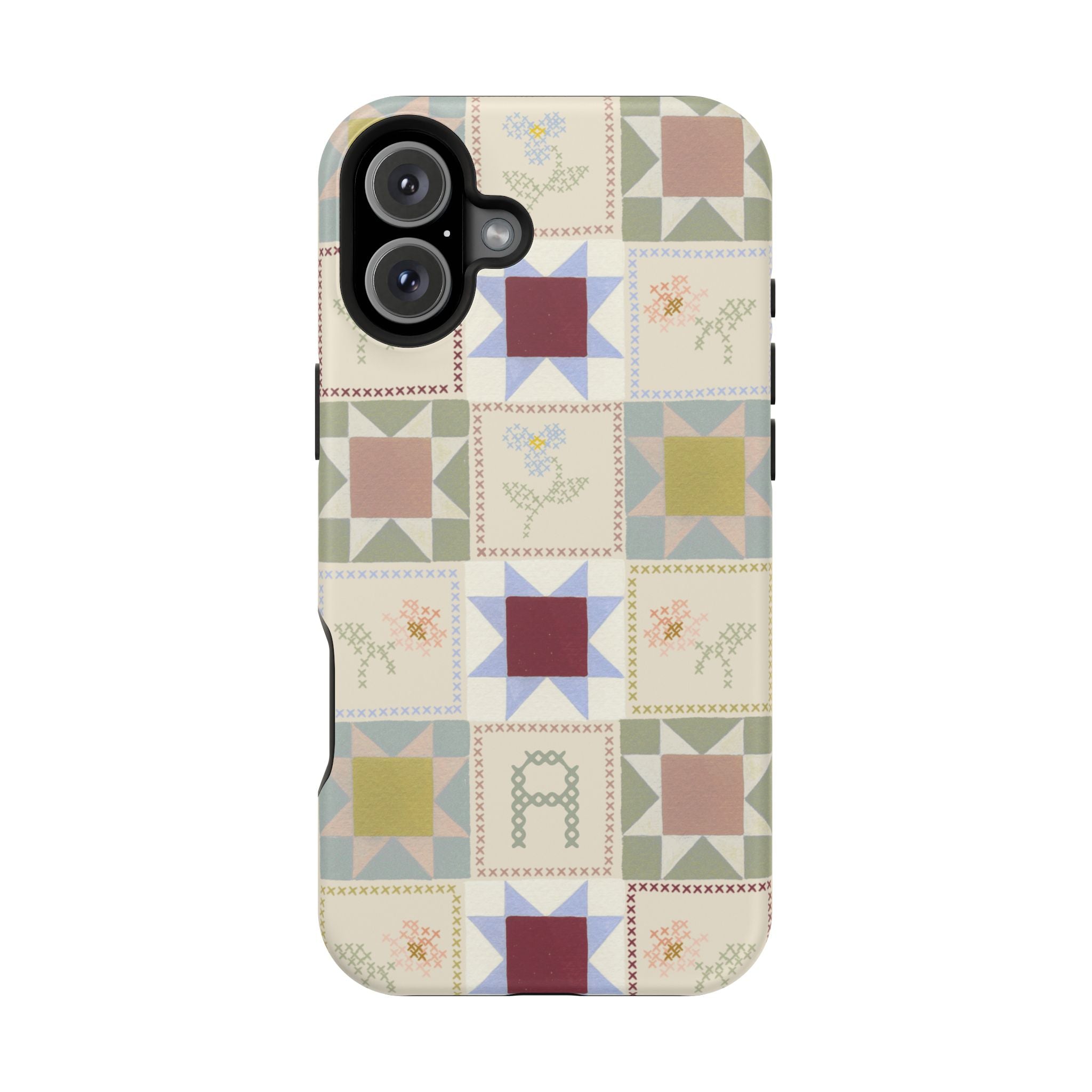 Patchwork personalized iPhone case featuring a colorful quilt design with various geometric patterns and floral accents.