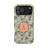 Posy personalized iPhone case featuring a floral pattern with a central monogrammed letter "A" on a green background.