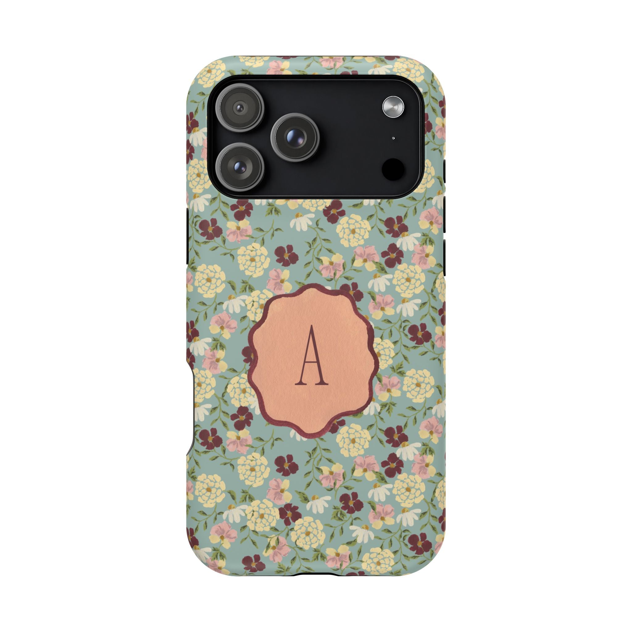 Posy personalized iPhone case featuring a floral pattern with a central monogrammed letter "A" on a green background.