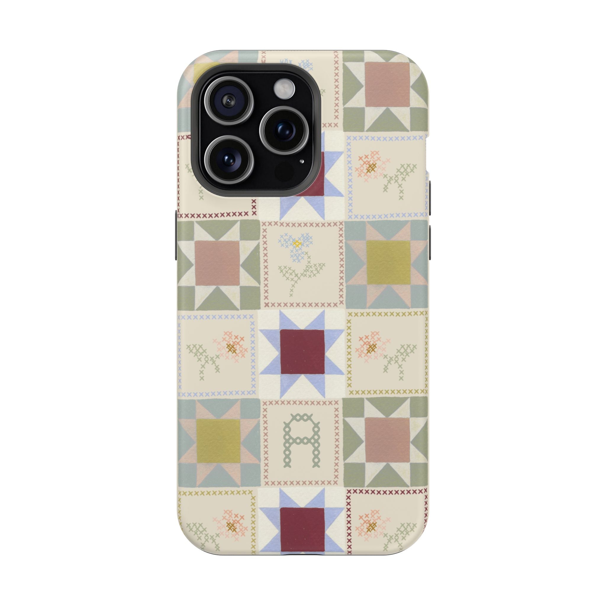 Patchwork personalized iPhone case featuring a colorful quilt design with various geometric patterns and soft pastel colors.