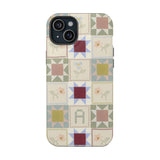 Patchwork personalized iPhone case featuring colorful geometric patterns and floral designs on a light background.