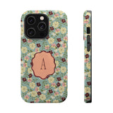 Posy personalized iPhone case featuring a floral design with a monogrammed letter "A" on a mint green background.