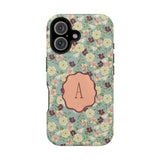 Personalized Posy iPhone case featuring a floral pattern with a central monogrammed letter "A" on a light blue background.