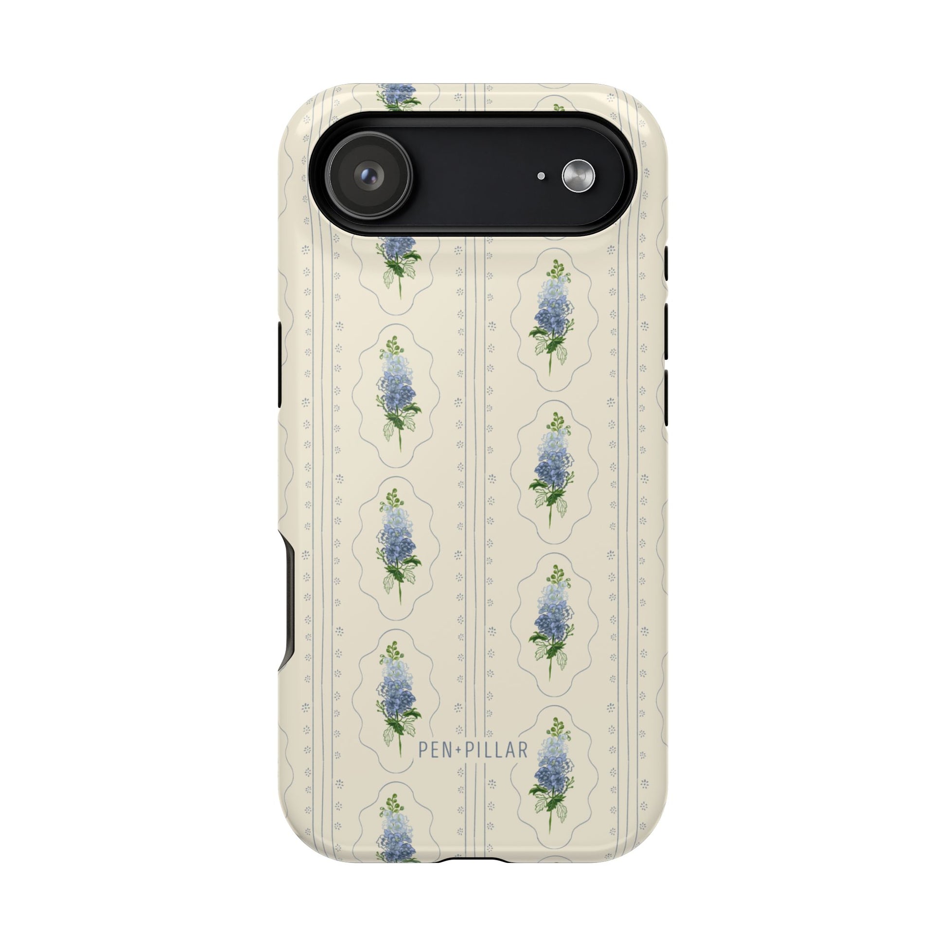 Cream plastic iPhone case with blue larkspur flower pattern and PEN + PILLAR printed at the bottom.