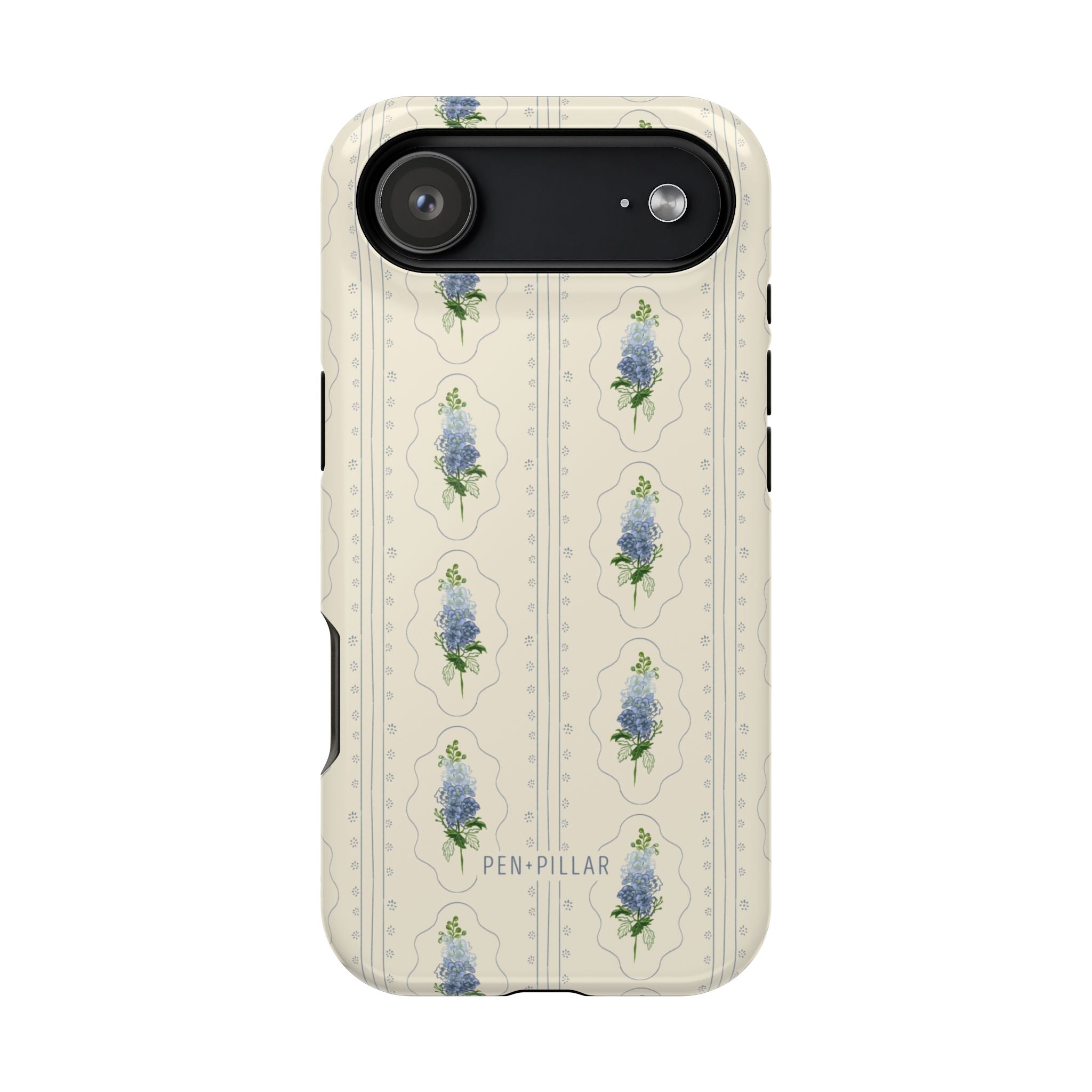 Cream plastic iPhone case with blue larkspur flower pattern and PEN + PILLAR printed at the bottom.