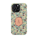 Personalized Posy iPhone case featuring floral patterns in pastel colors and a central monogrammed letter "A".