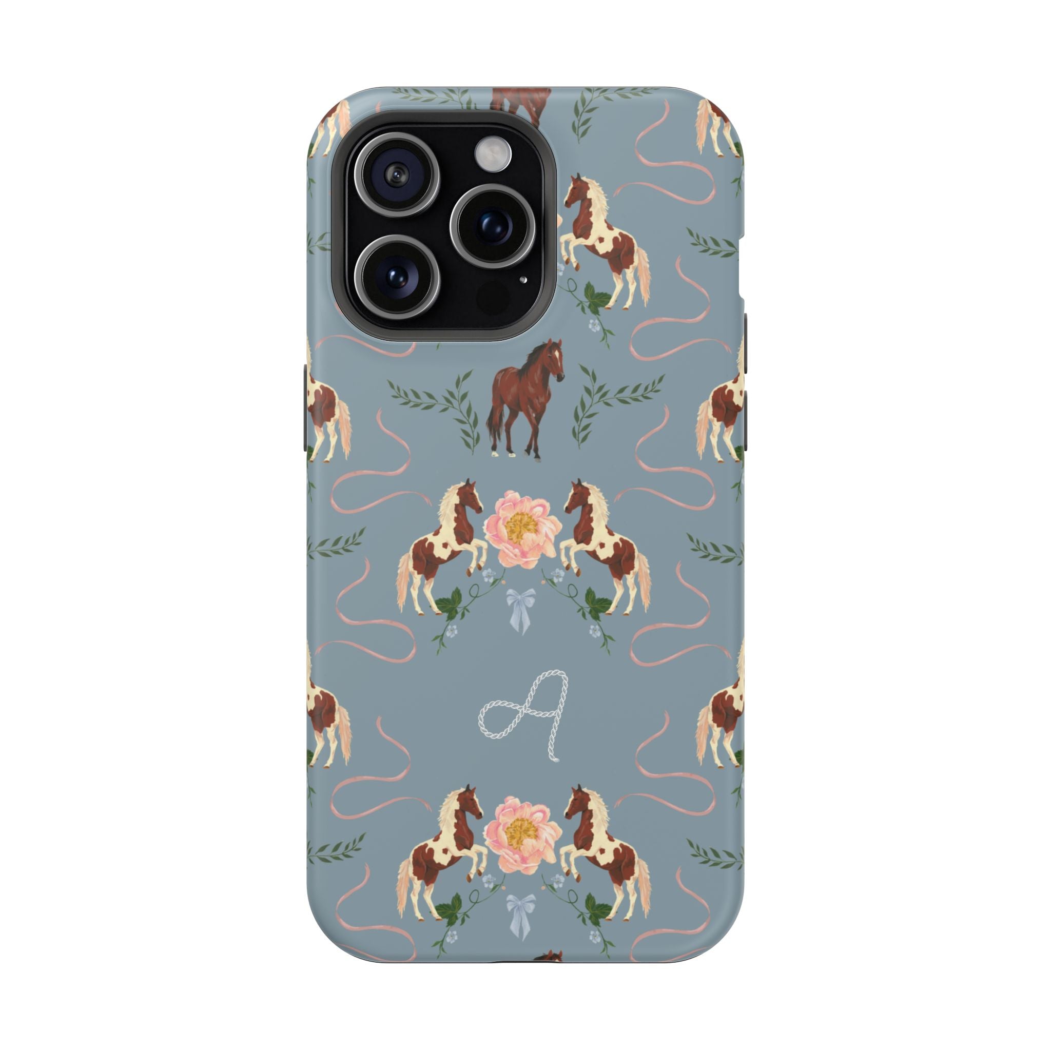 Prairie personalized iPhone case featuring a blue background with horse and floral patterns, and a monogrammed letter "A".