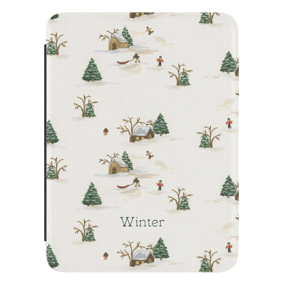 Winter Village Personalized Kindle case, close-up of the front: a snowy village of cottages, sledders and evergreens with the name Winter