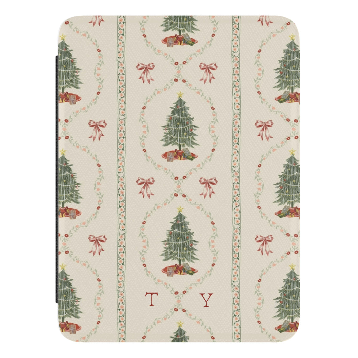Yuletide Personalized Kindle case, close-up of the front: Christmas trees framed by red ribbon garlands on cream with the initials TY