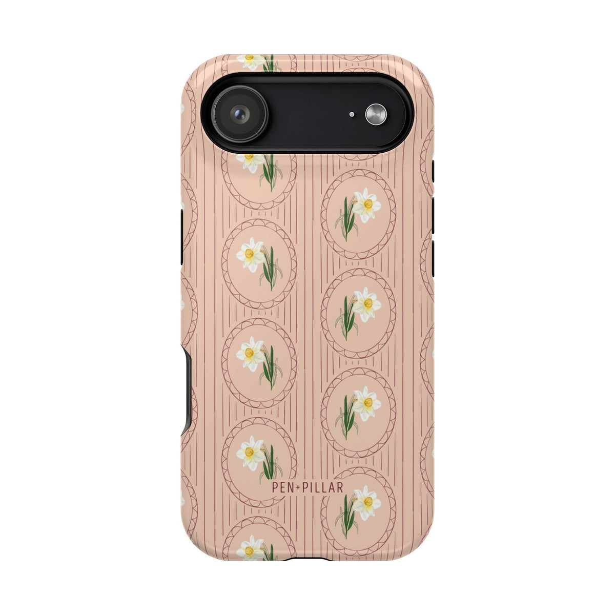Pink plastic iPhone case with vertical stripes and white narcissus flowers in circles. PEN + PILLAR printed at the bottom.