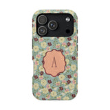 Personalized iPhone case featuring a floral pattern with a central monogrammed letter "A" on a light green background.