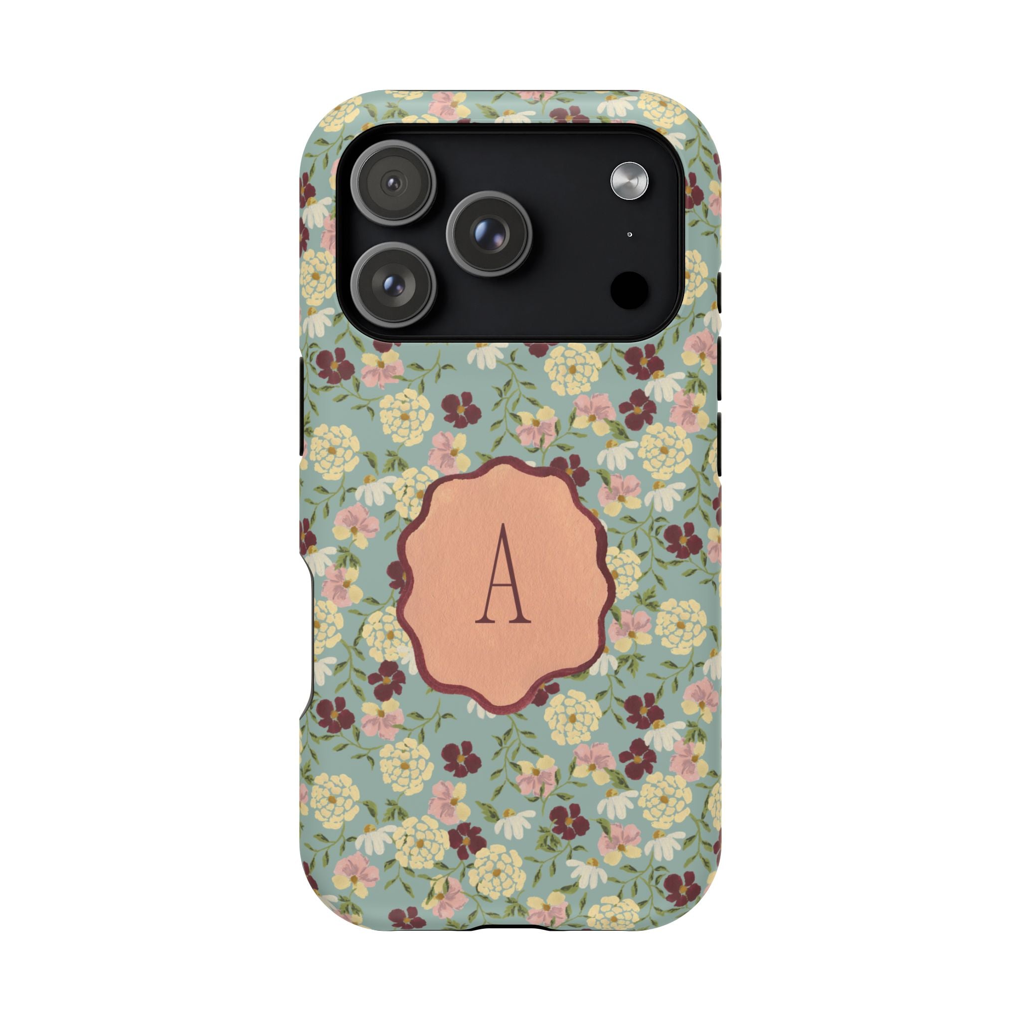 Personalized iPhone case featuring a floral pattern with a central monogrammed letter "A" on a light green background.