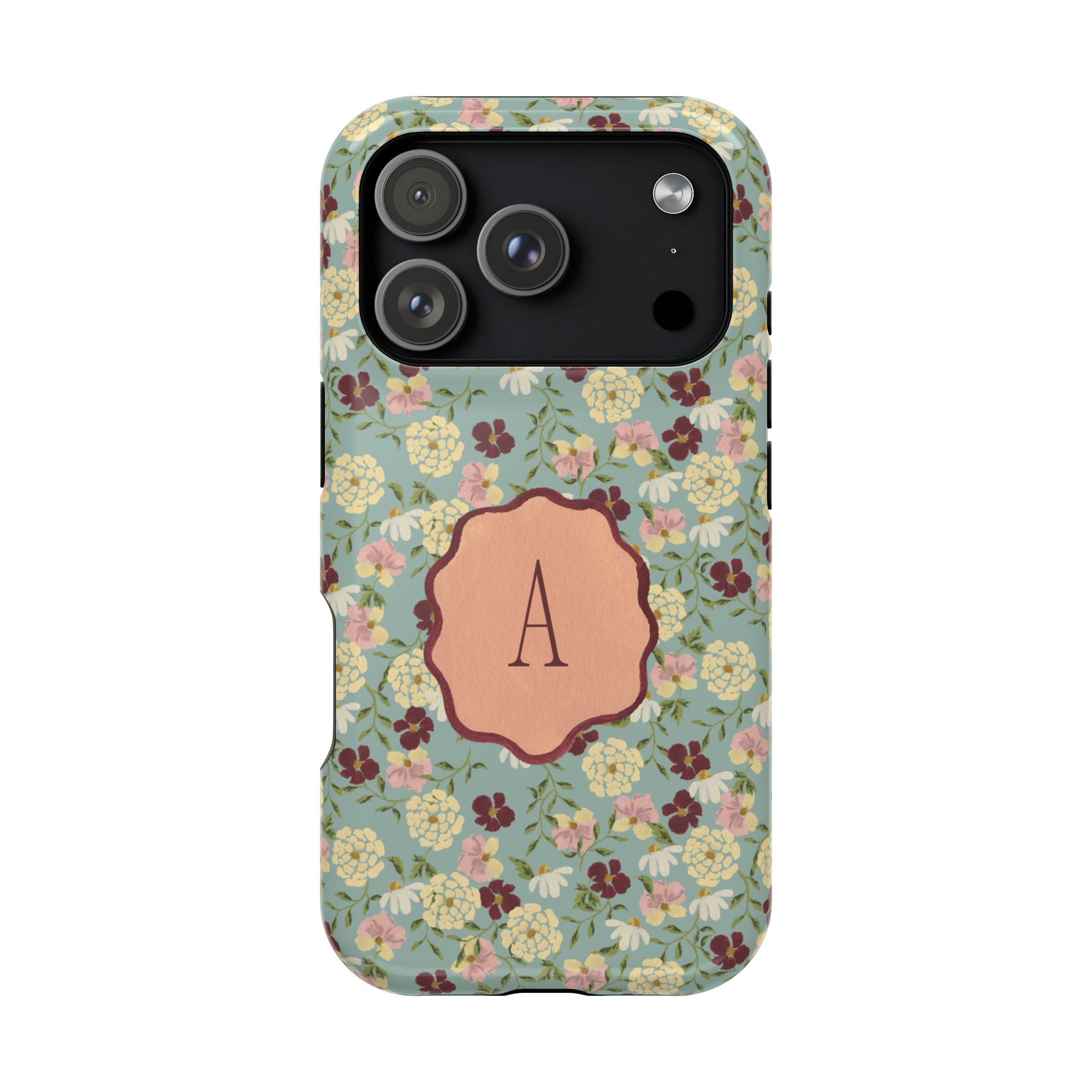 Personalized Posy iPhone case featuring a floral pattern with a monogrammed letter "A" on a mint green background.