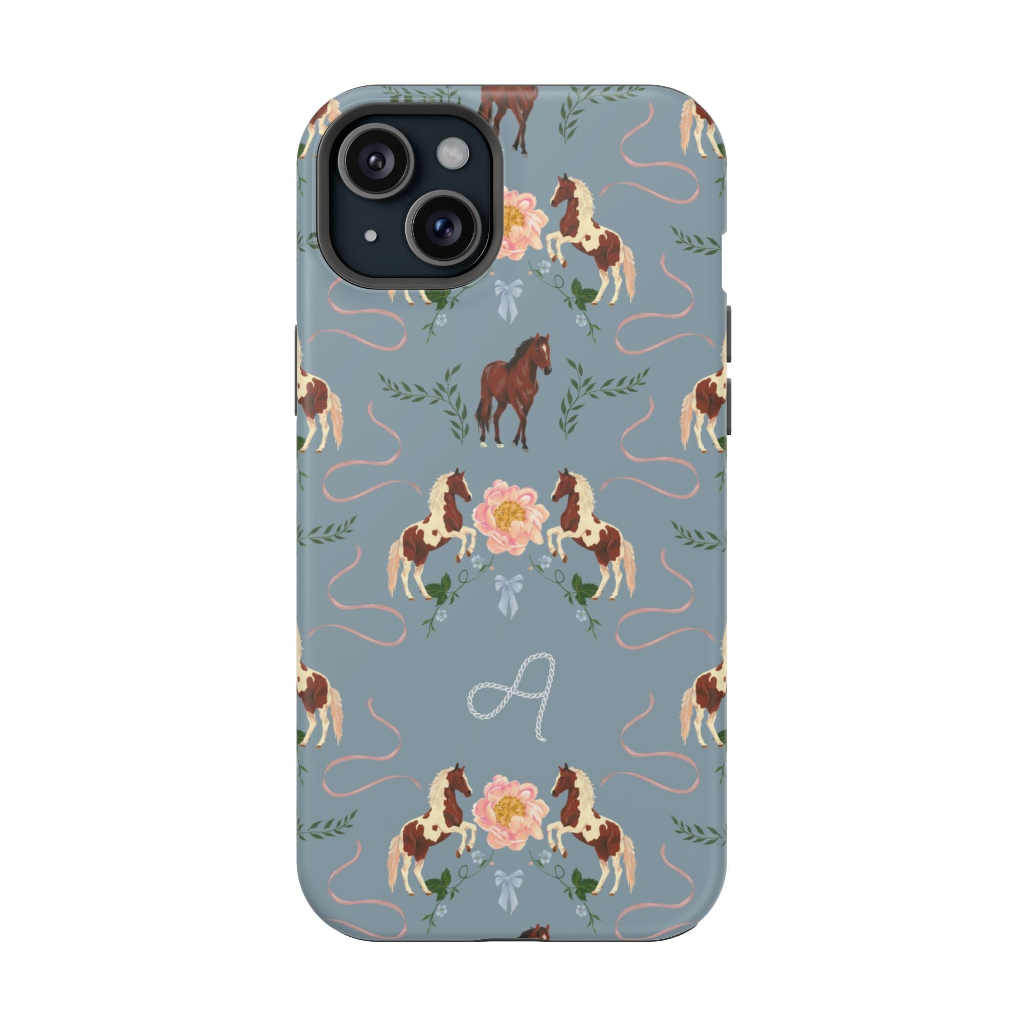Prairie personalized iPhone case featuring a blue background with floral and horse patterns, and an initial "A" design.