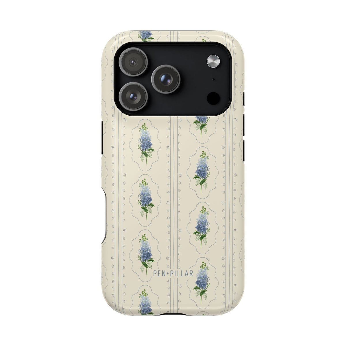 Cream plastic iPhone case with blue larkspur flower pattern and PEN+PILLAR printed at the bottom.